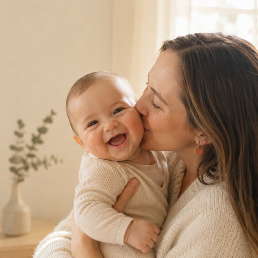 Una madre besa con ternura a su bebé sonriente en la mejilla